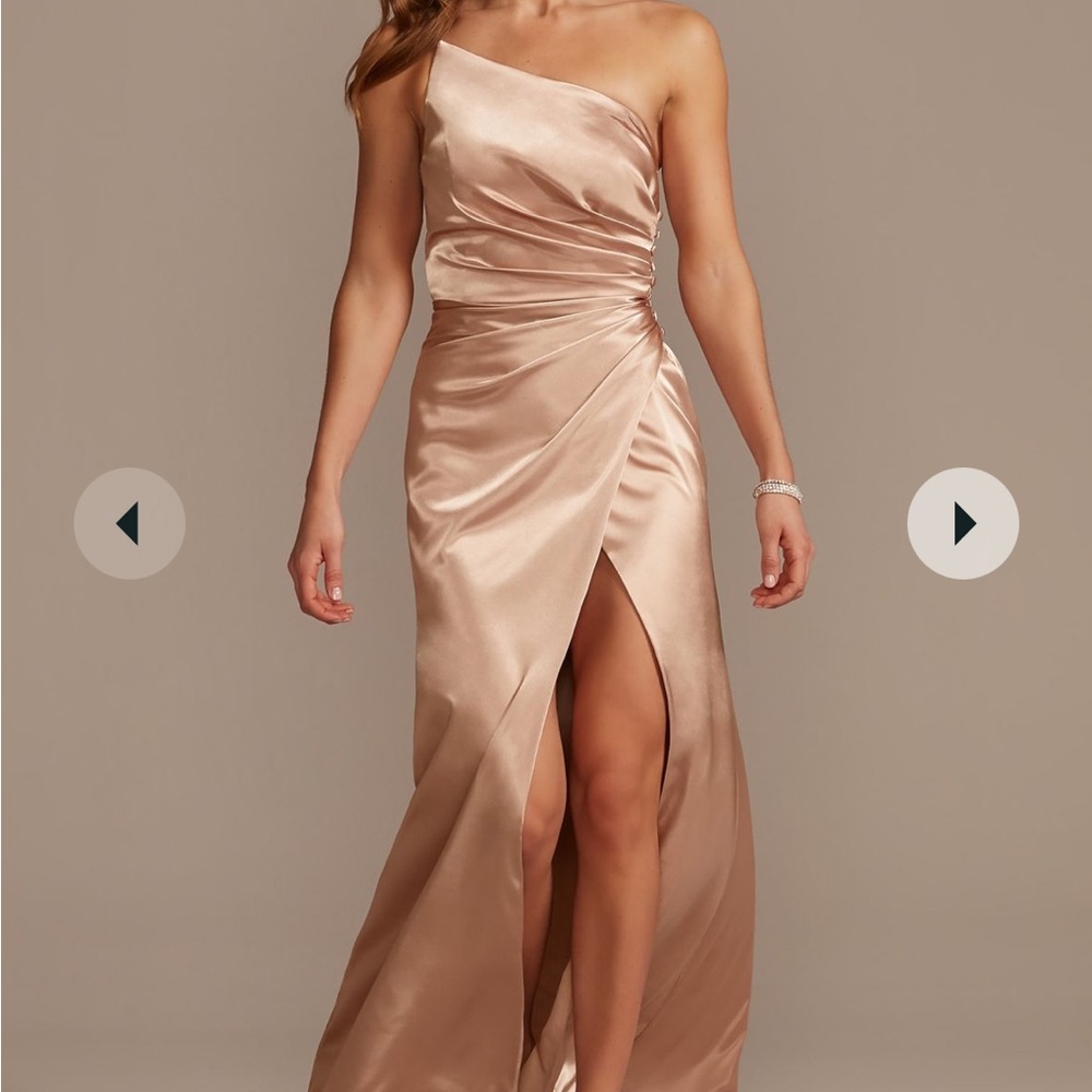 GALINA SIGNATURE charmeuse draped one-shoulder bridesmaid dress sz 12 color sand